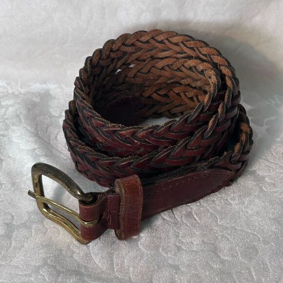 Vintage Leather Belt Unisex M/L Brown Braided Gold Tone Buckle Made In Uruguay - Picture 3 of 7